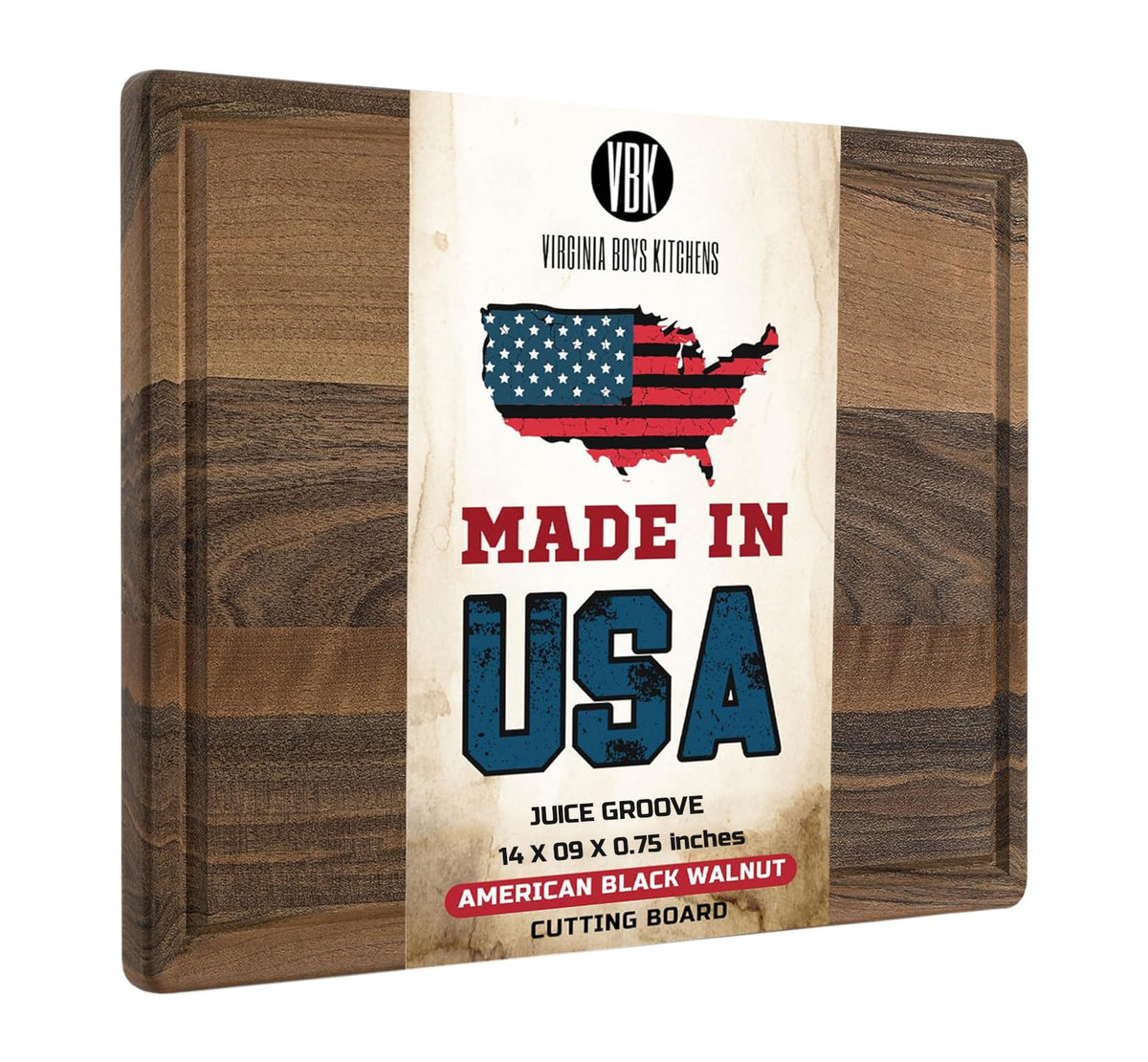 Virginia Boys Kitchens walnut cutting board, top view, durable hardwood ideal for daily meal prep
