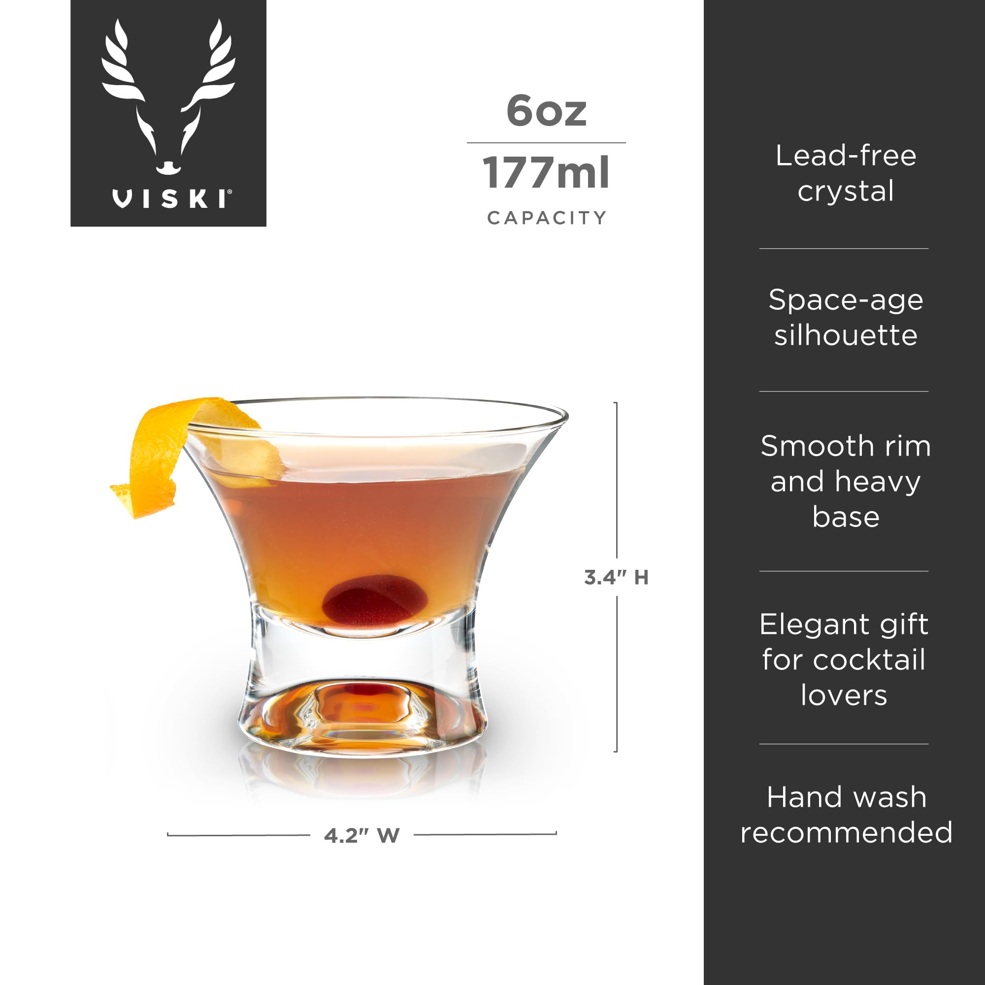 Viski crystal Manhattan glasses on a bar cart evoke refined entertaining moments.