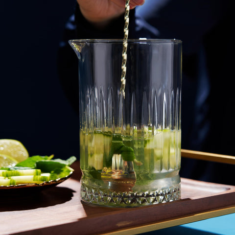 Viski crystal mixing glass ready for martini, Manhattan, and Negroni prep.