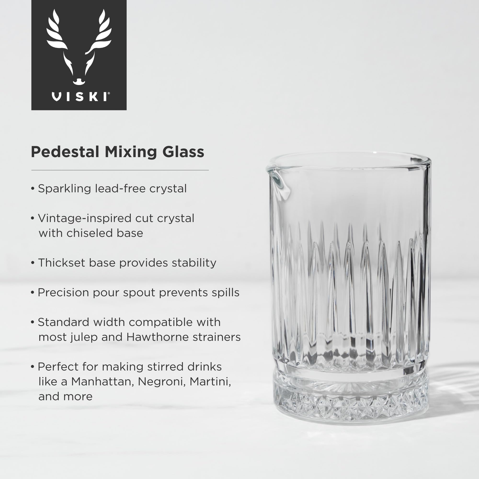Viski crystal mixing glass with platform base provides stable swirling during cocktails.