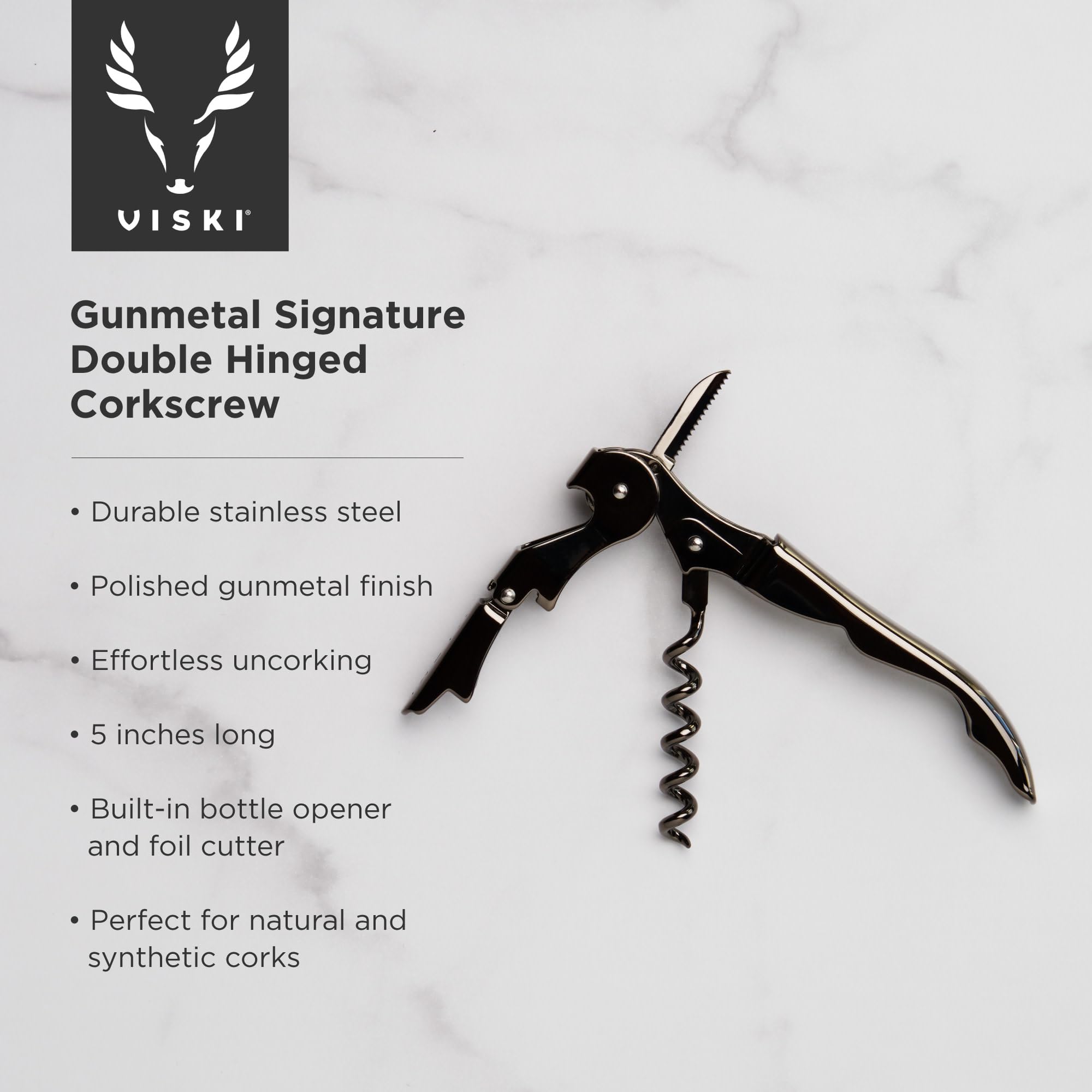 Viski gunmetal signature built-in bottle opener opens beers and carbonated drinks.