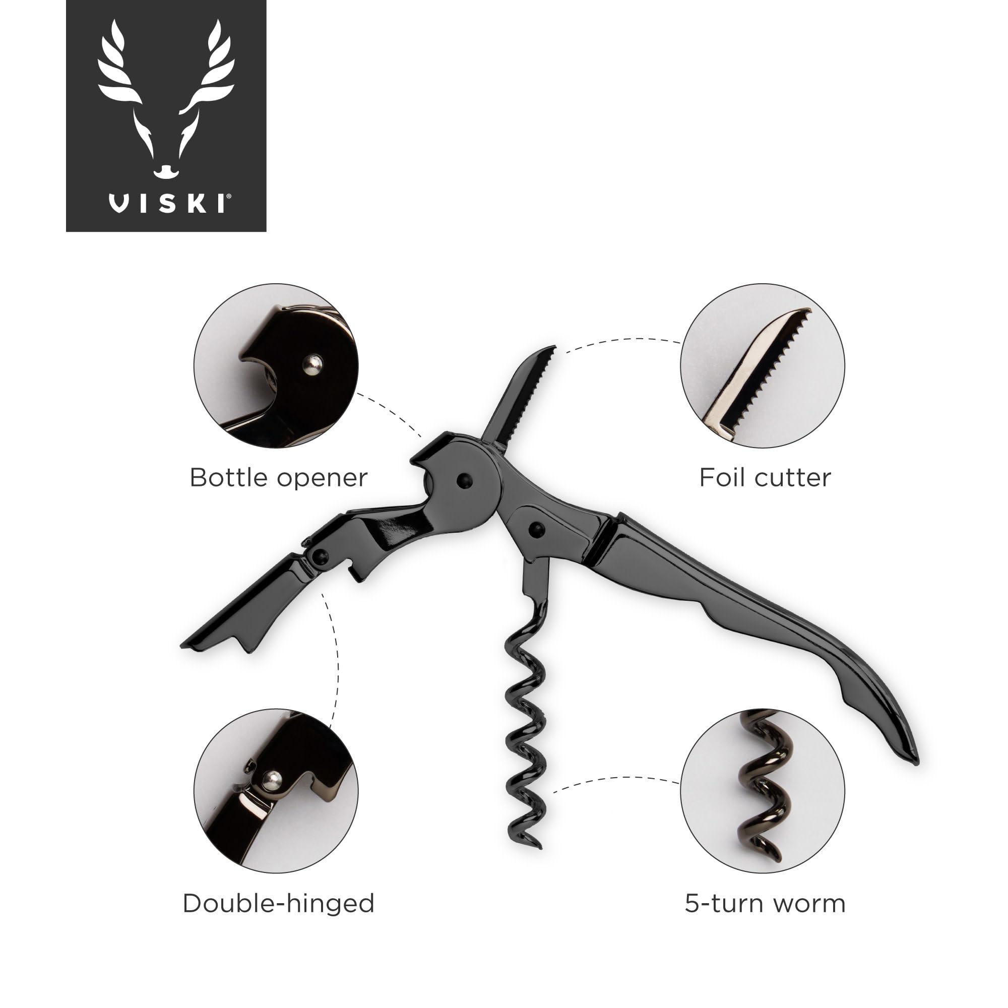 Viski gunmetal signature foil cutter provides precise cuts for effortless opening.