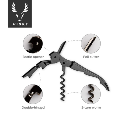 Viski gunmetal signature foil cutter provides precise cuts for effortless opening.