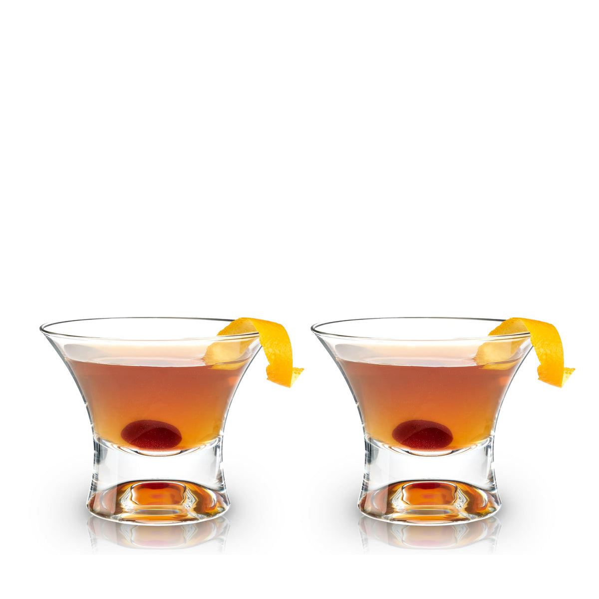 Viski Heavy Base Stemless Manhattan Glasses show crystal clarity for elegant cocktails.