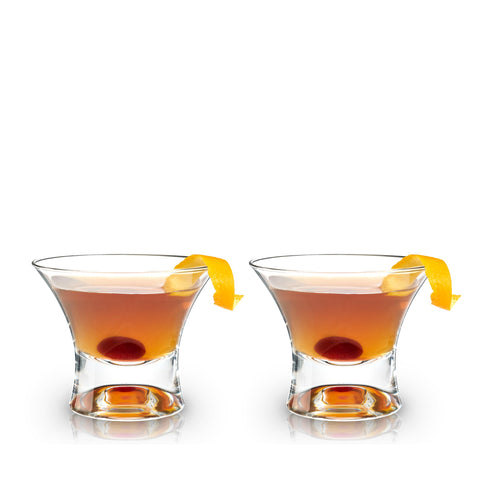 Viski Heavy Base Stemless Manhattan Glasses show crystal clarity for elegant cocktails.