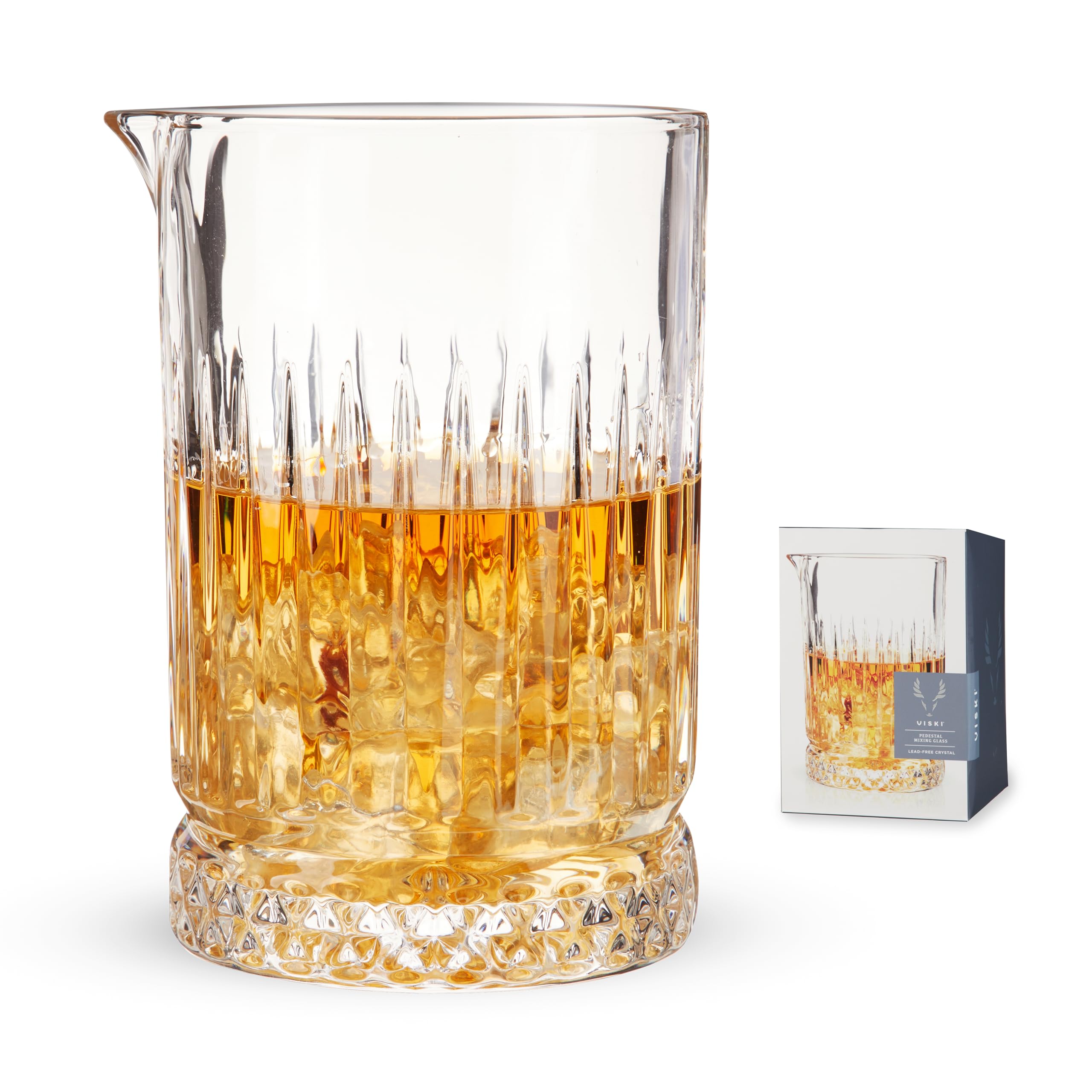 Viski pedestal crystal mixing glass 23oz highlights ingredients with dramatic clarity for home bartenders.