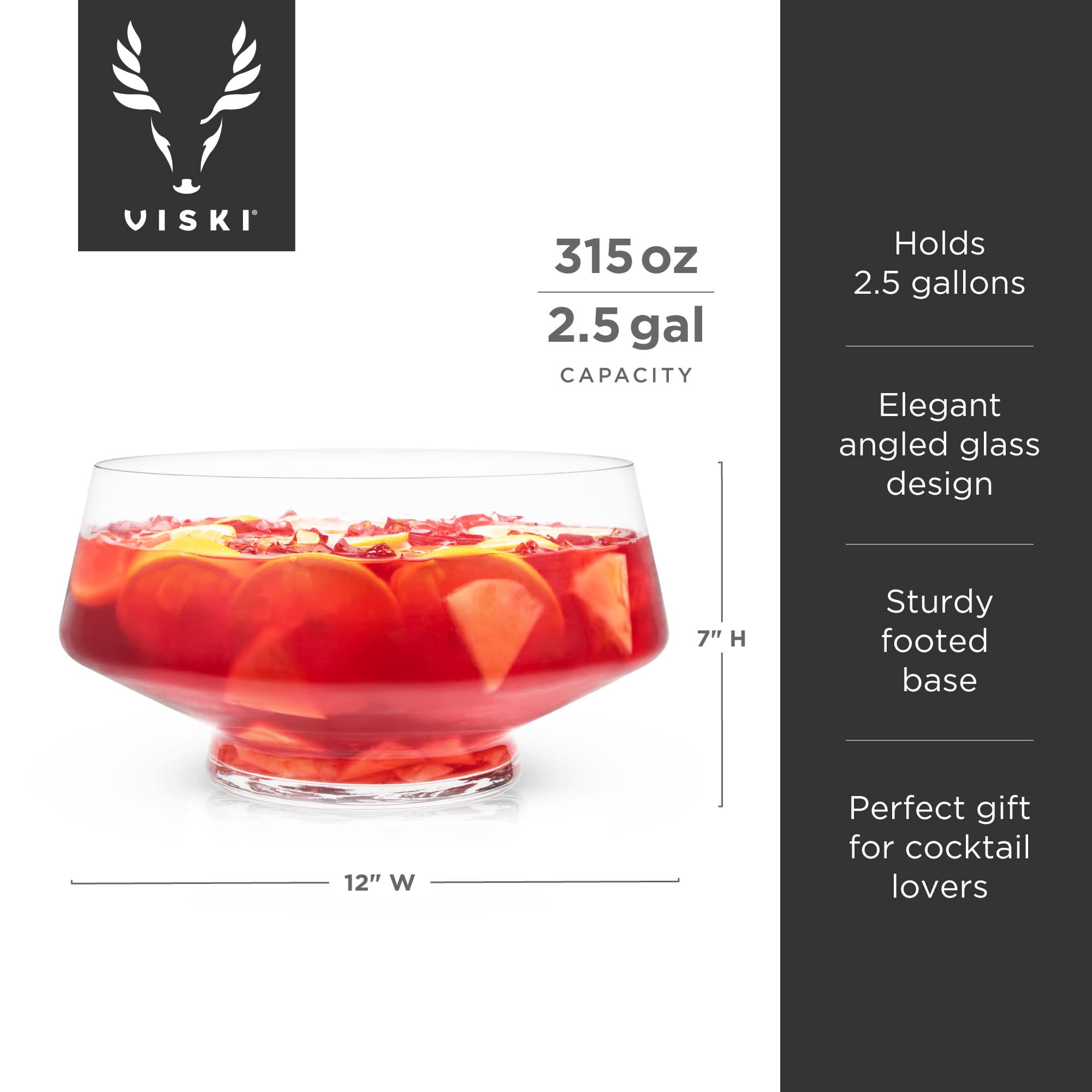 Viski punch bowl holds 2.5 gallons for batch cocktails.
