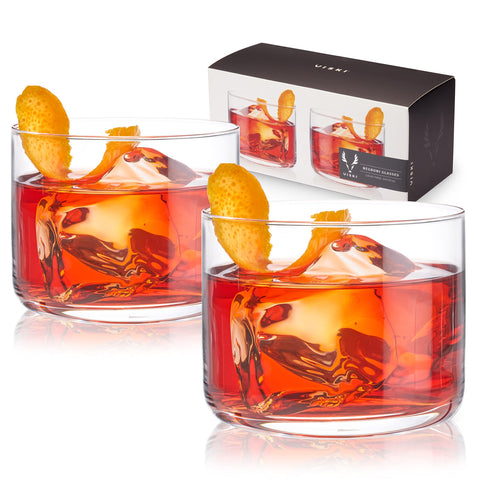 Viski Raye crystal Negroni glasses on a heavy base for refined presentation.
