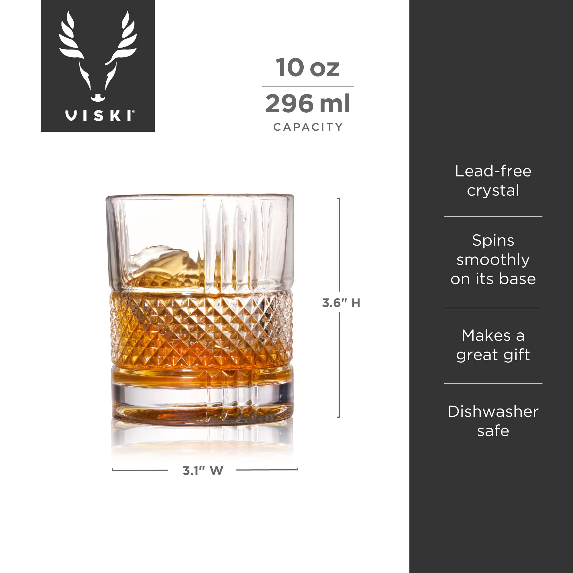 Viski Revolve 10oz capacity fits standard whiskey pours