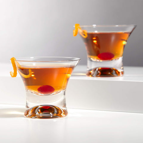 Viski stemless glass with space-age curves enhances aroma with a flared rim.