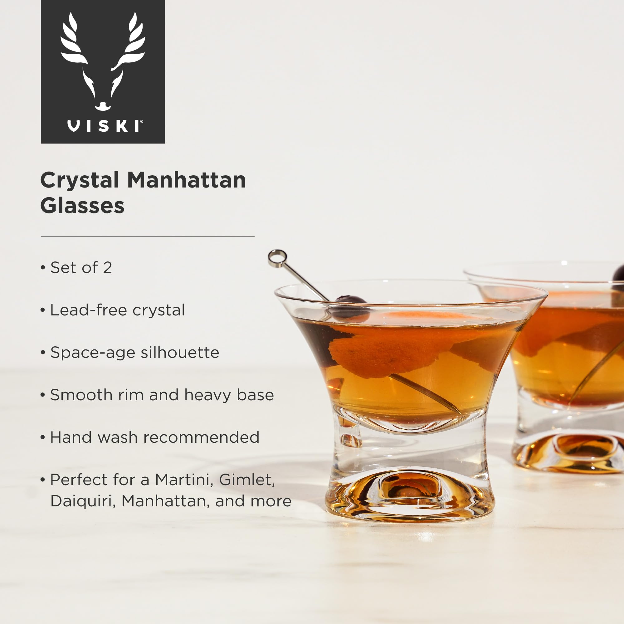 Viski stemless Manhattan glass close-up emphasizes modern lines and weighted feel.