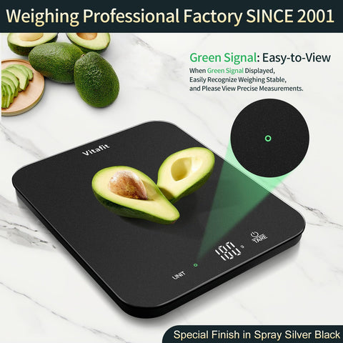 Vitafit kitchen scale shows 33lb capacity on tempered glass surface