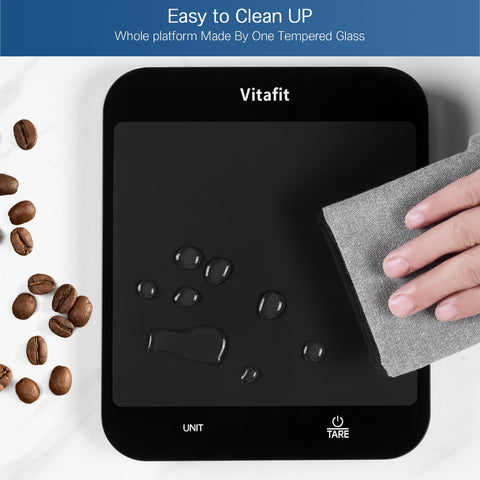 Vitafit scale platform dimensions show 8.5 by 7.1 inches for easy cooking