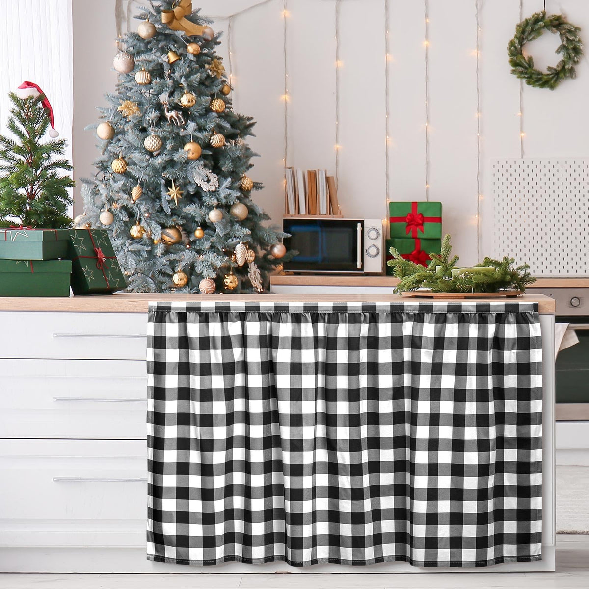 VitalCozy cabinet curtains front view in black and white checkered pattern for stylish concealment