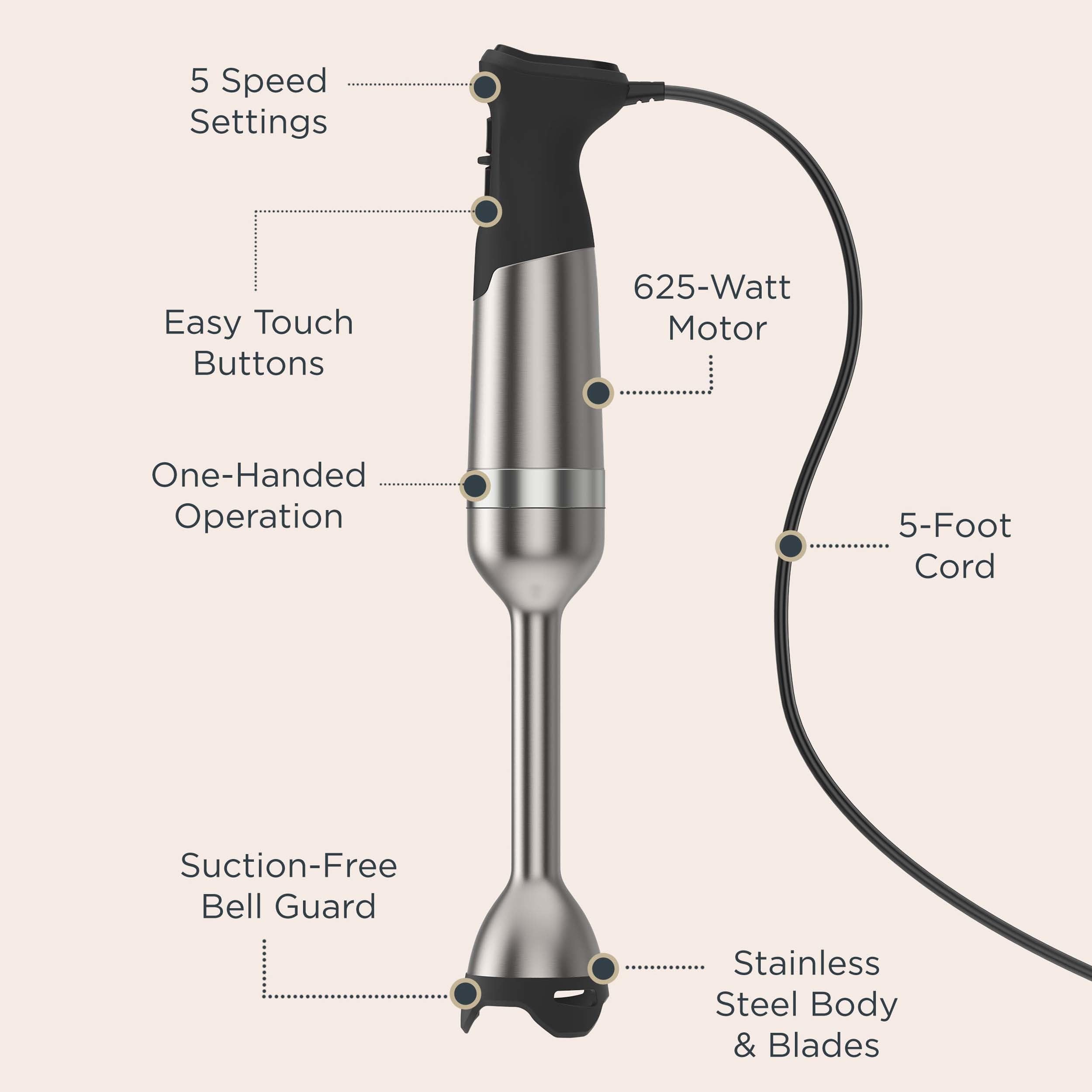 Vitamix 5-Speed Immersion Blender bell guard protects cookware during blending.