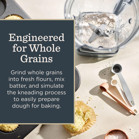 Reverse vortex action keeps dry ingredients away from blades in Vitamix dry grains container