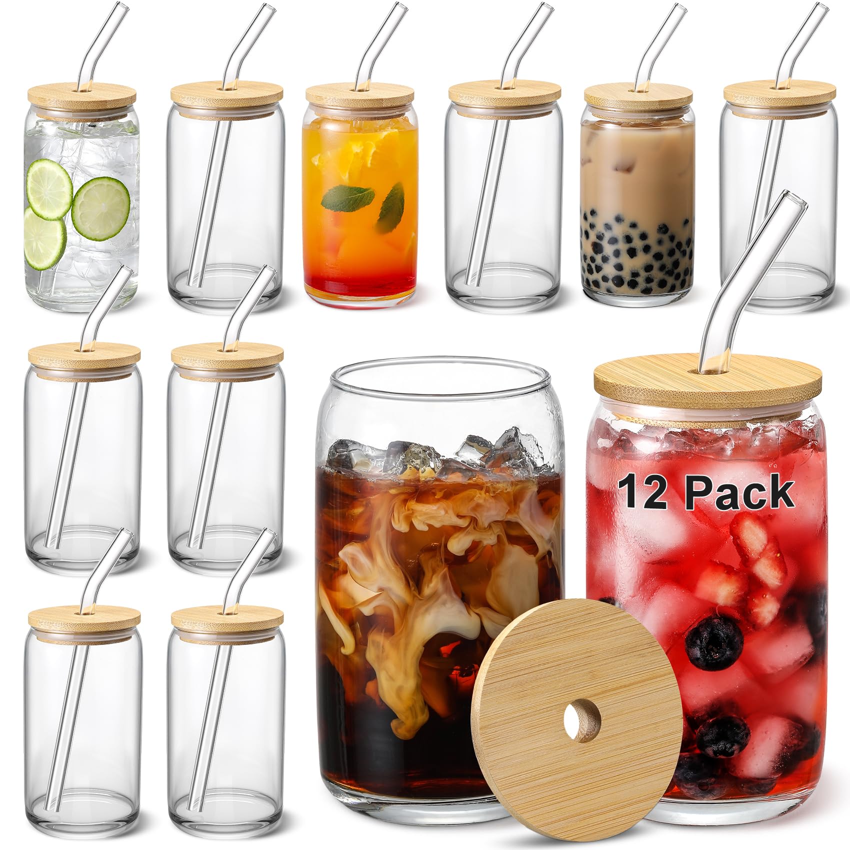VITEVER 12-piece beer glass set with lids and straws for versatile drinks.
