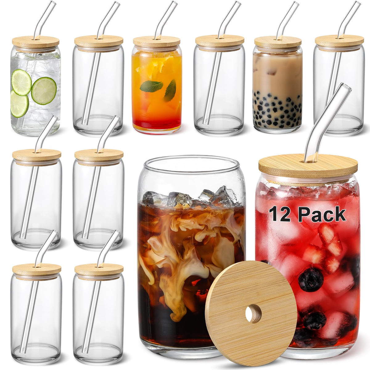 VITEVER 12-piece beer glass set with lids and straws for versatile drinks.