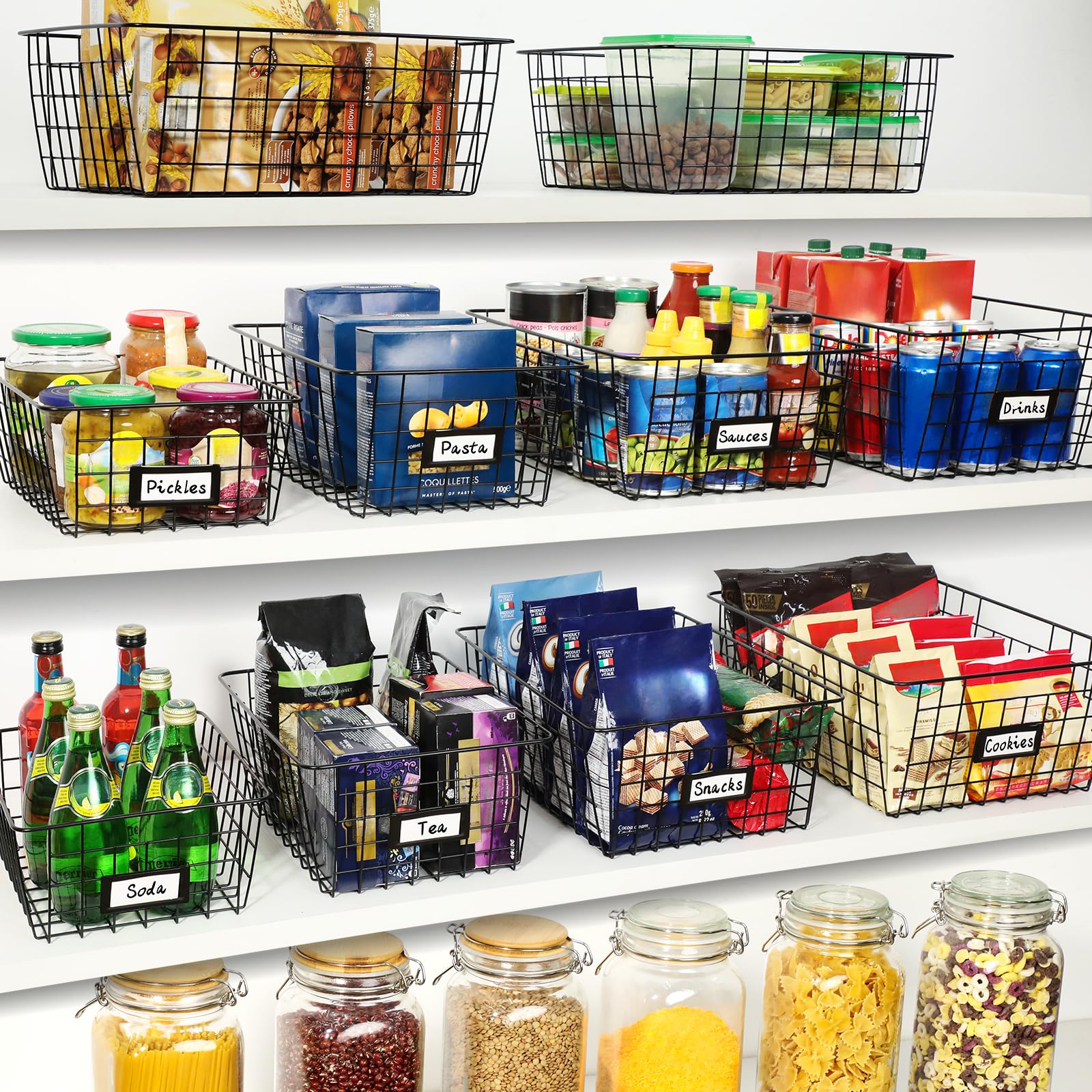 VITEVER 8-basket set Large shown on shelves for snack and can storage.