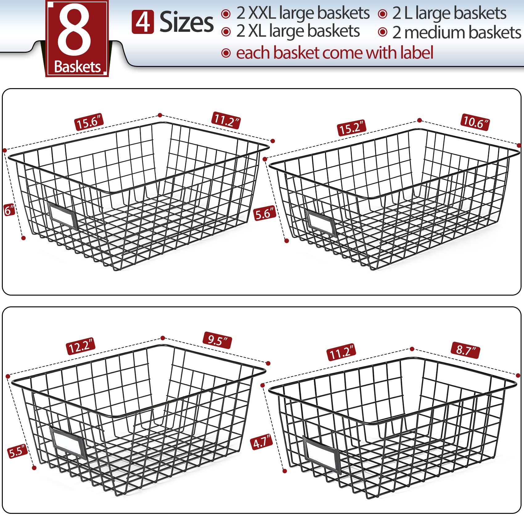 VITEVER 8-basket set XLarge for closet and cabinet organization with sturdy pull-out handles.