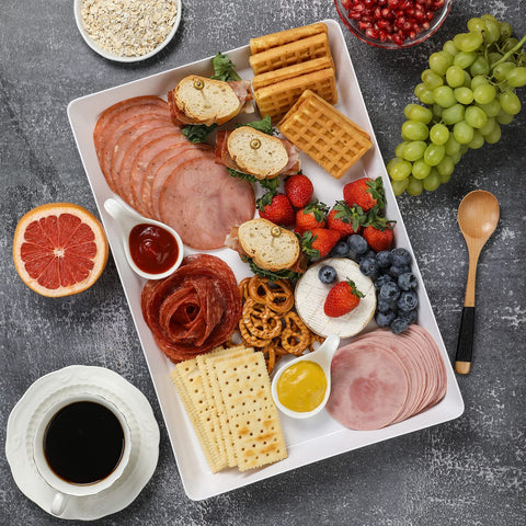 VITEVER party-ready platters create a clean backdrop for snacks.