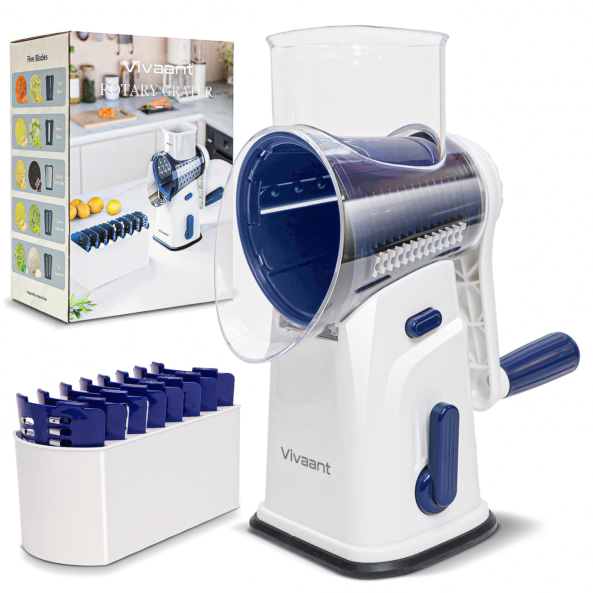 Vivaant rotary cheese grater with handle on counter for safe, controlled shredding.