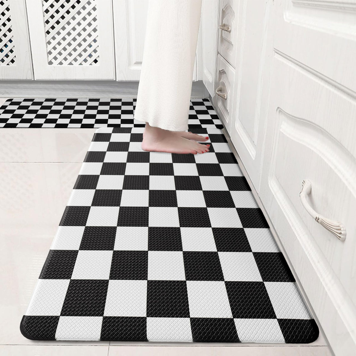 VivaNest black checkered grid kitchen rug set 2pc on floor for durable, stylish comfort.