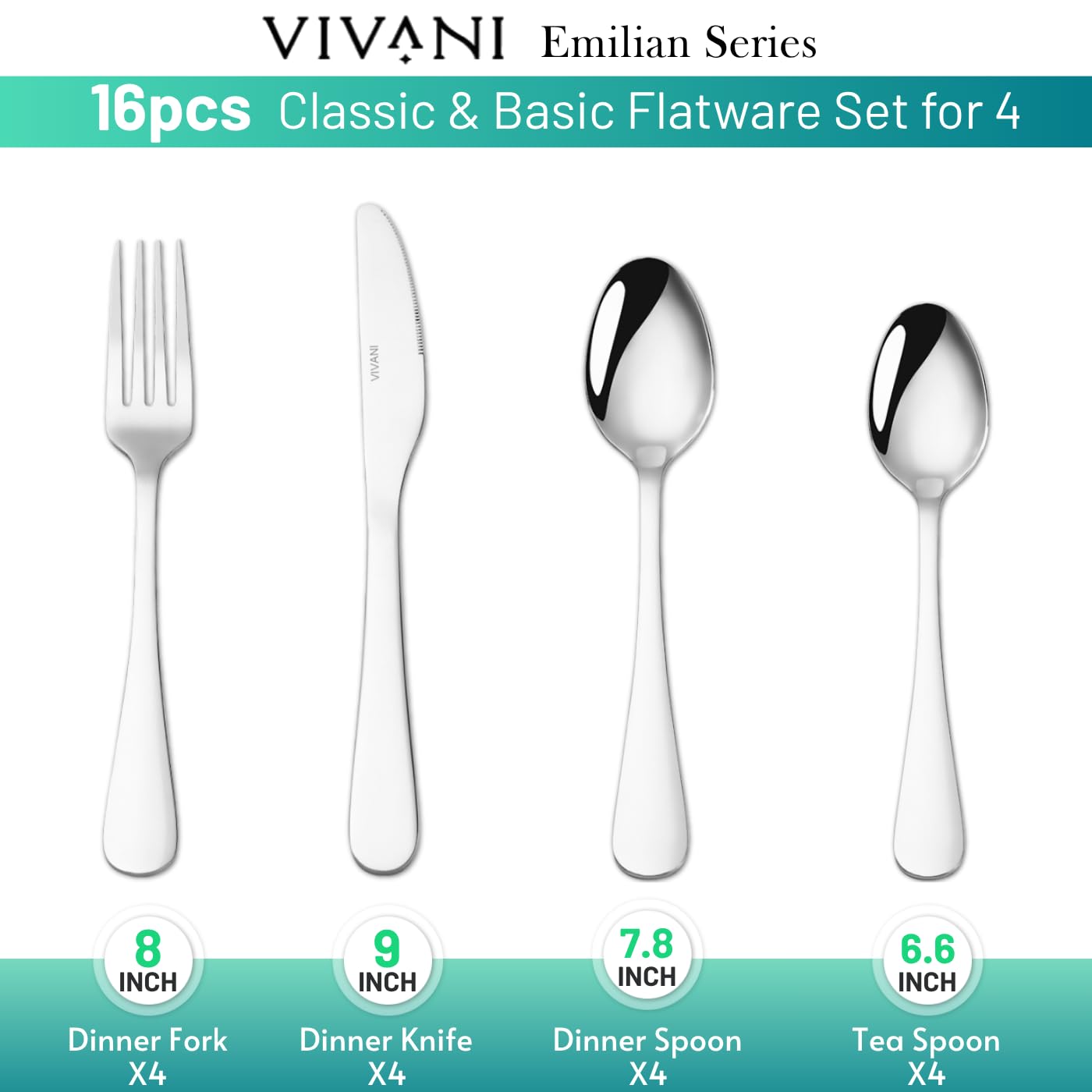 VIVANI dinner forks, spoons, and knives showcase mirrored polish for refined table settings.