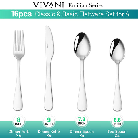 VIVANI dinner forks, spoons, and knives showcase mirrored polish for refined table settings.