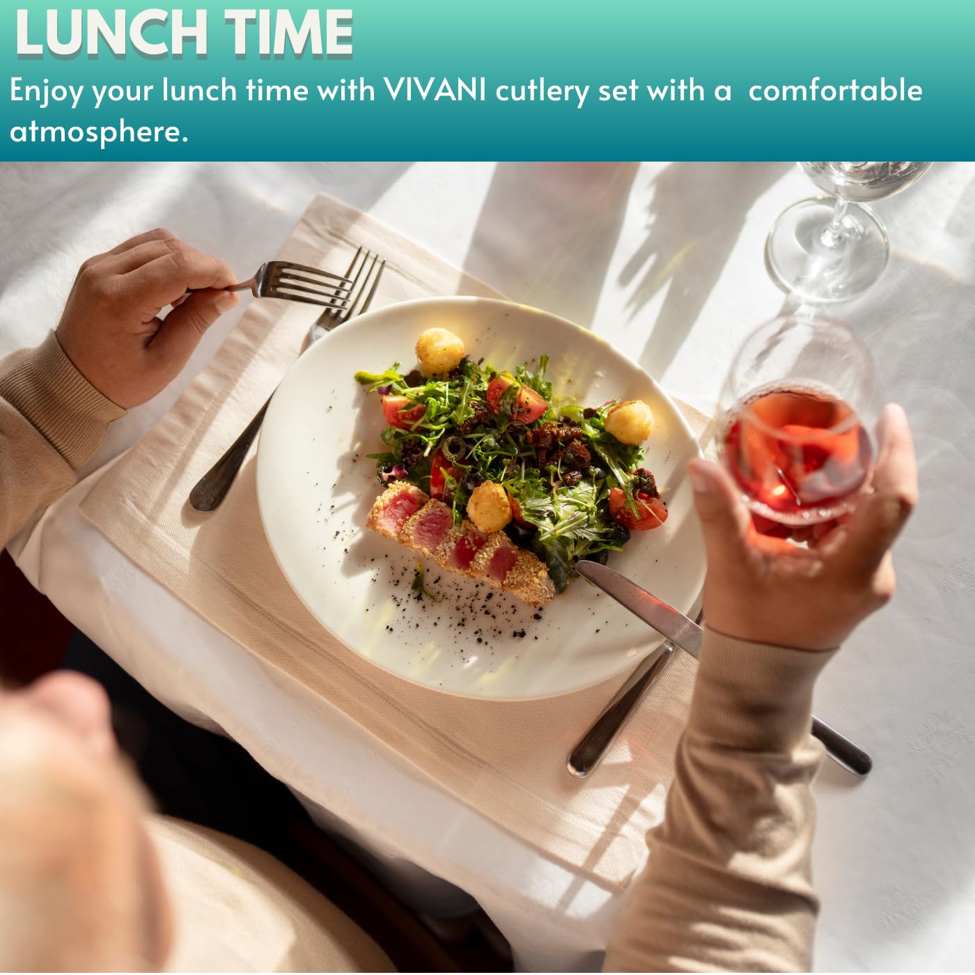 VIVANI silverware set on dining table highlights classic, timeless design.
