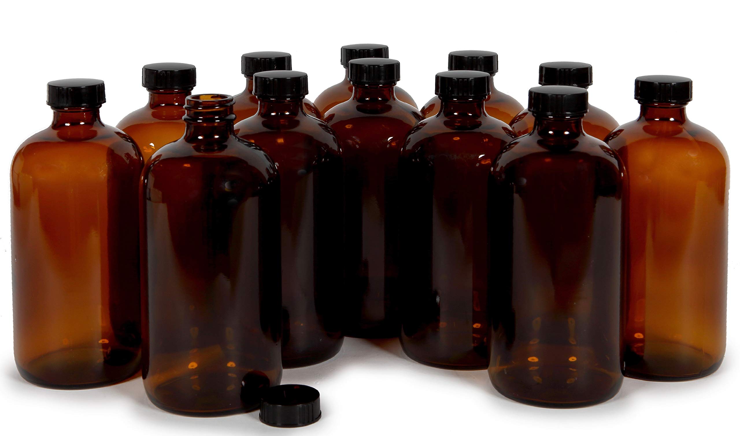 Vivaplex 16oz amber glass bottle with black lid protects essential oils from UV rays.