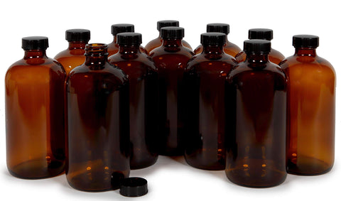 Vivaplex 16oz amber glass bottle with black lid protects essential oils from UV rays.