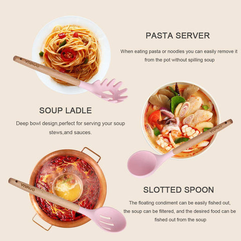 VIVAYO silicone utensils with wooden handles for comfortable grip and heat protection