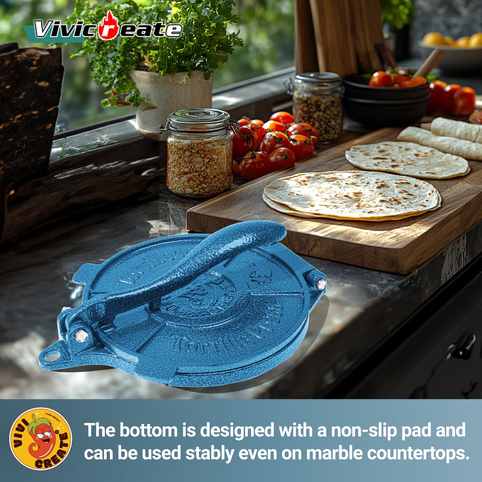 Vivicreate tortilla press with rust-resistant finish and easy cleaning design