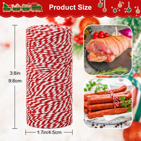 Vivifying red and white twine shown for holiday gift wrapping