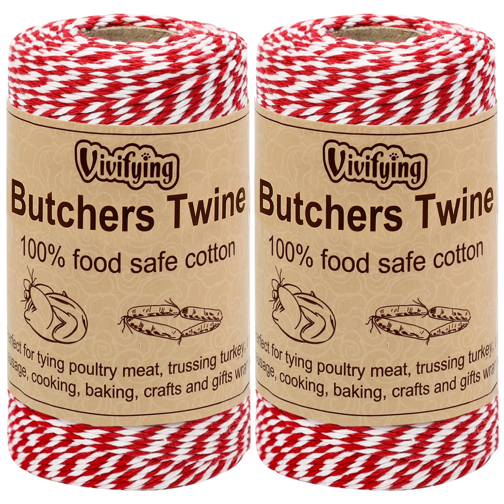 Vivifying red and white butchers twine used to truss a turkey for even cooking