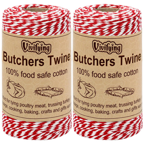Vivifying red and white butchers twine used to truss a turkey for even cooking