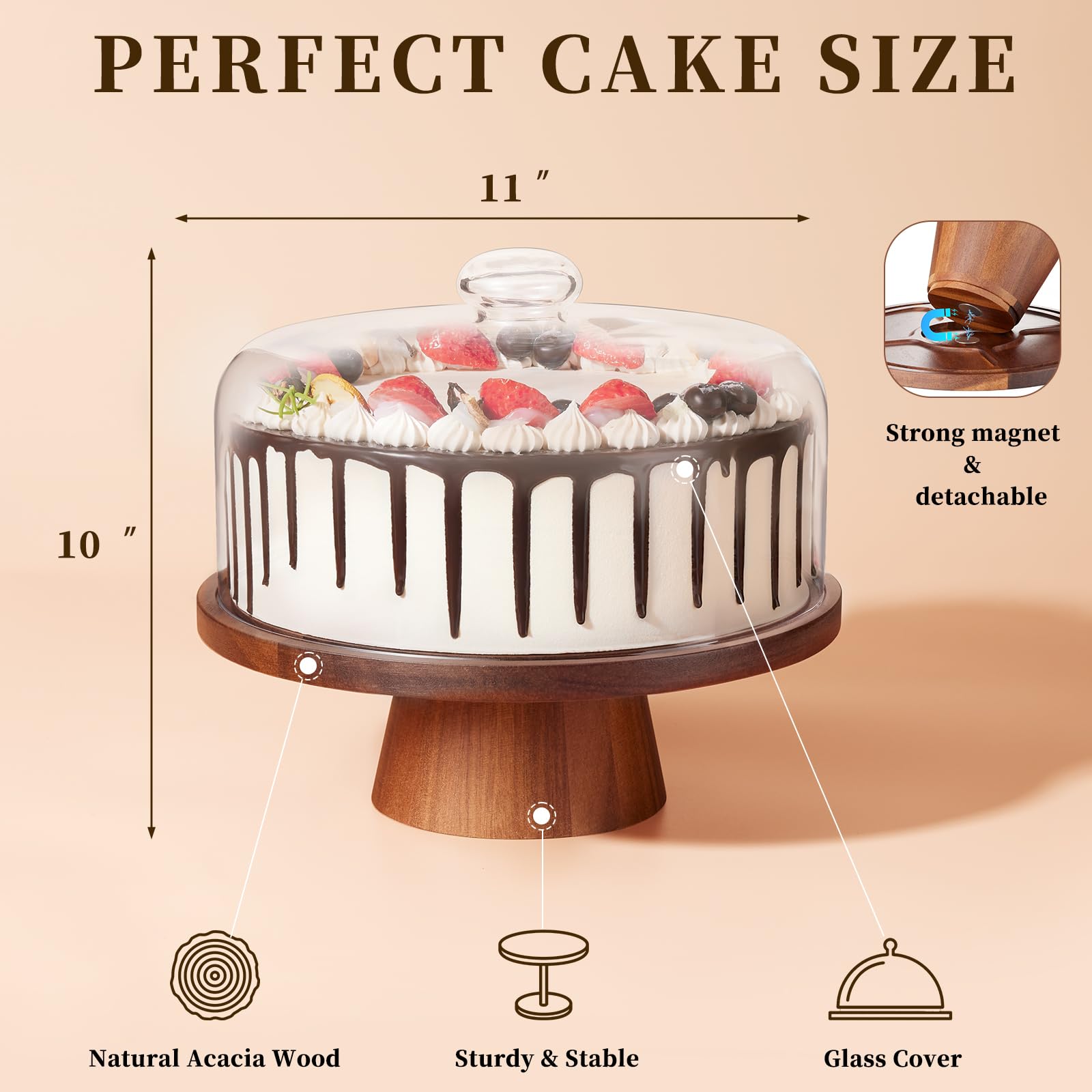 VIVIRBIEN glass-dome on acacia wood cake stand showcases cakes clearly.