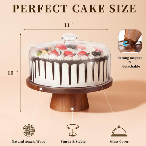 VIVIRBIEN glass-dome on acacia wood cake stand showcases cakes clearly.