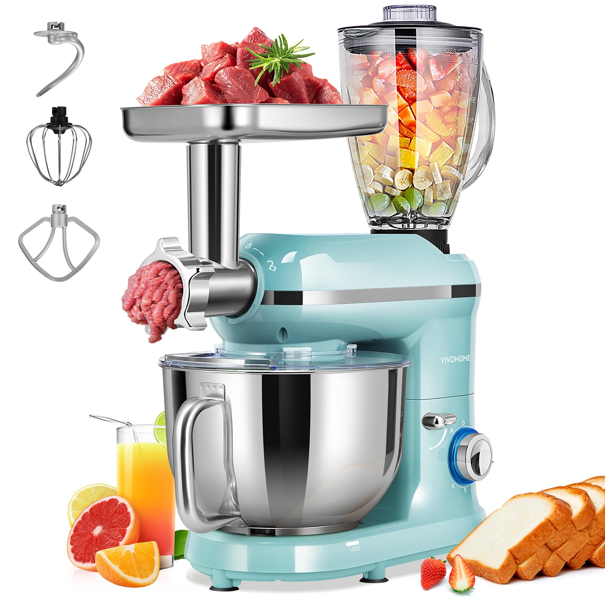 VIVOHOME 3-in-1 stand mixer blue front view for dough kneading and mixing.