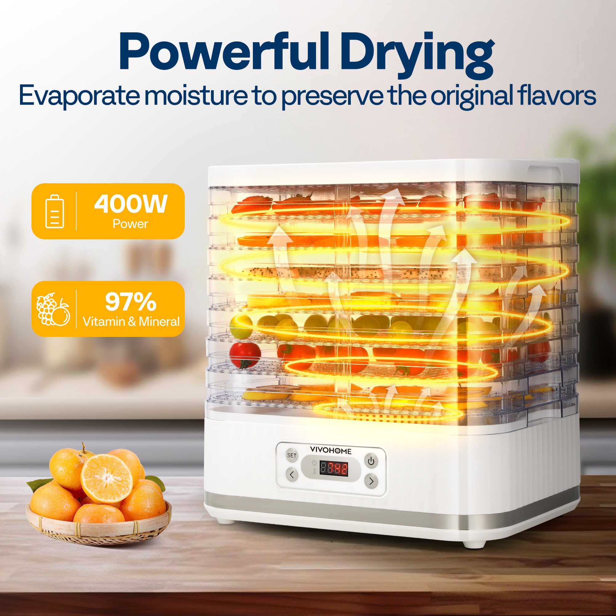VIVOHOME dehydrator digital control panel demonstrates precise temperature and timer settings