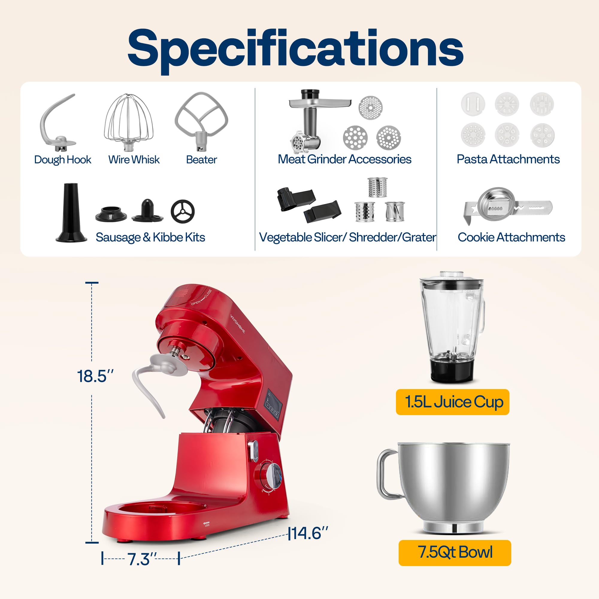 Pasta maker, slicer, and meat grinder attachments for homemade meals.