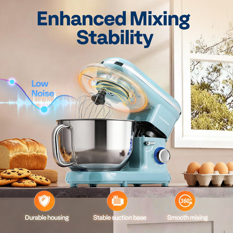 6-quart stainless bowl securely fixed to the base for steady mixing