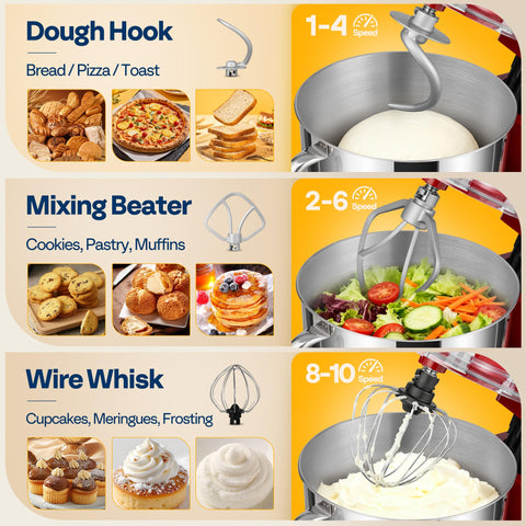 Attachments with beater, dough hook, and whisk for versatile mixing