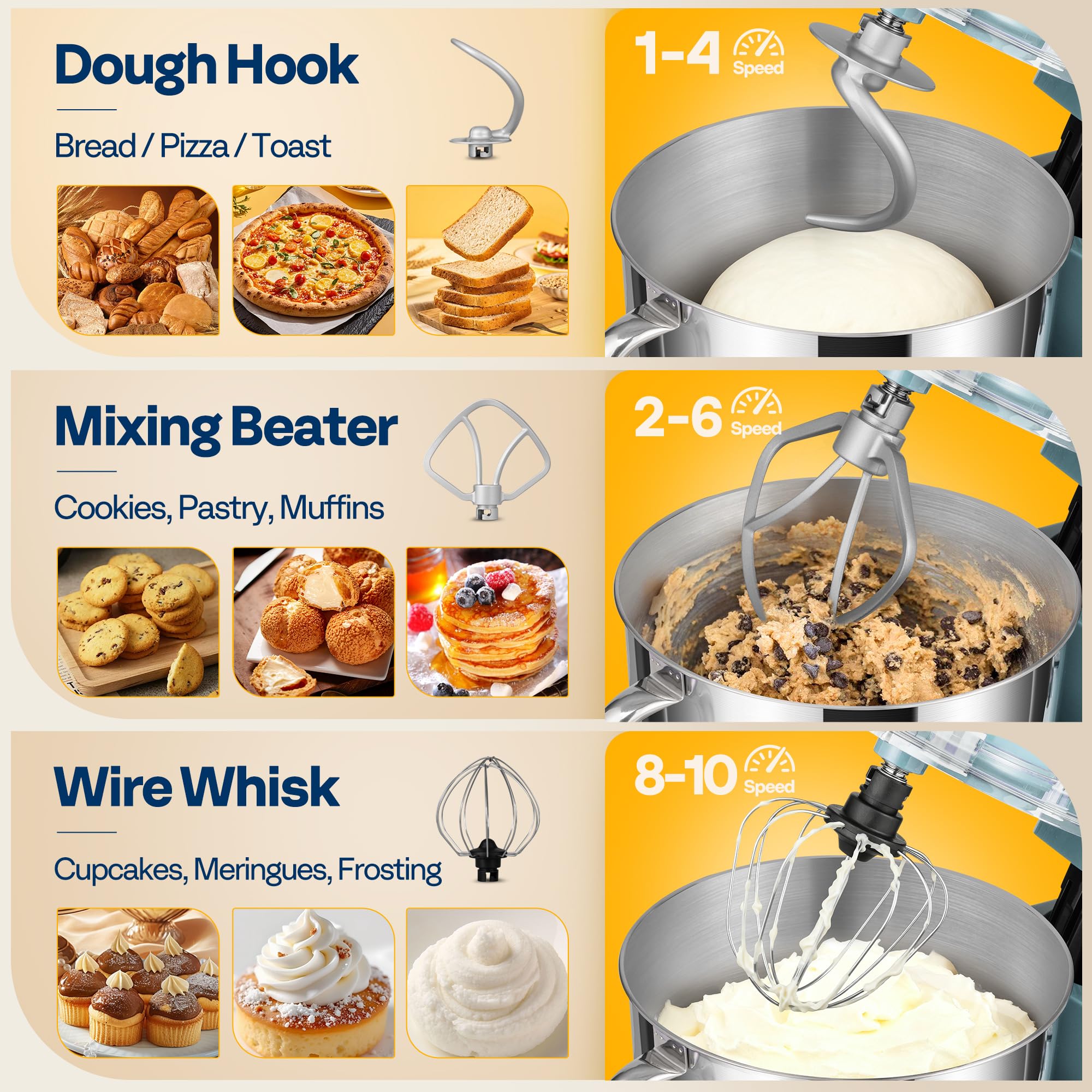 Attachments including whisk and dough hook for versatile recipes