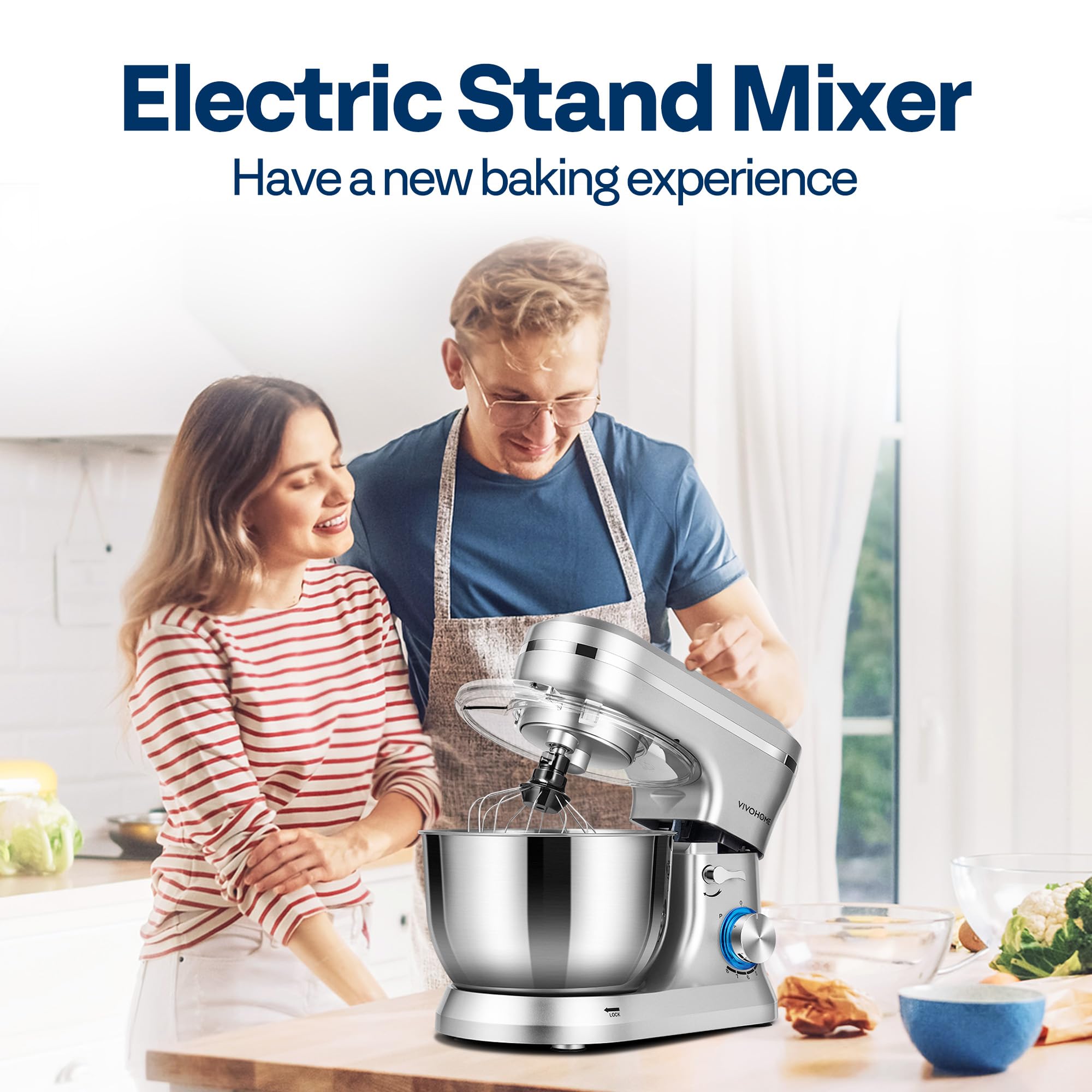 VIVOHOME stand mixer bowl with attachments in silver ready for dough and batter