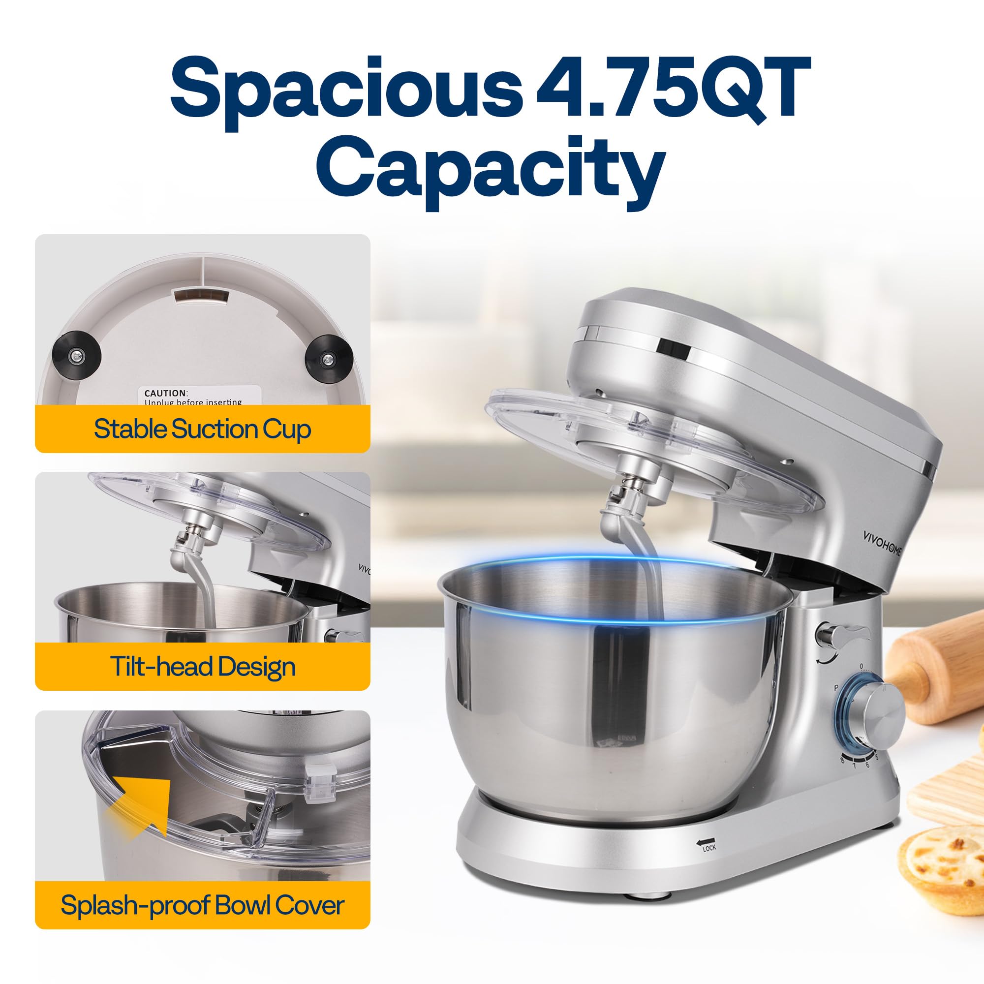 VIVOHOME stand mixer splash guard on tilt-head design for mess-free mixing