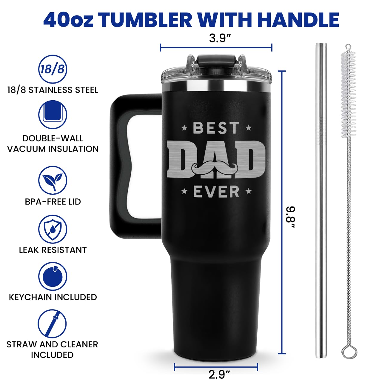 Side view of Vivulla68 Best Dad Ever 40oz tumbler showing double-wall insulation.