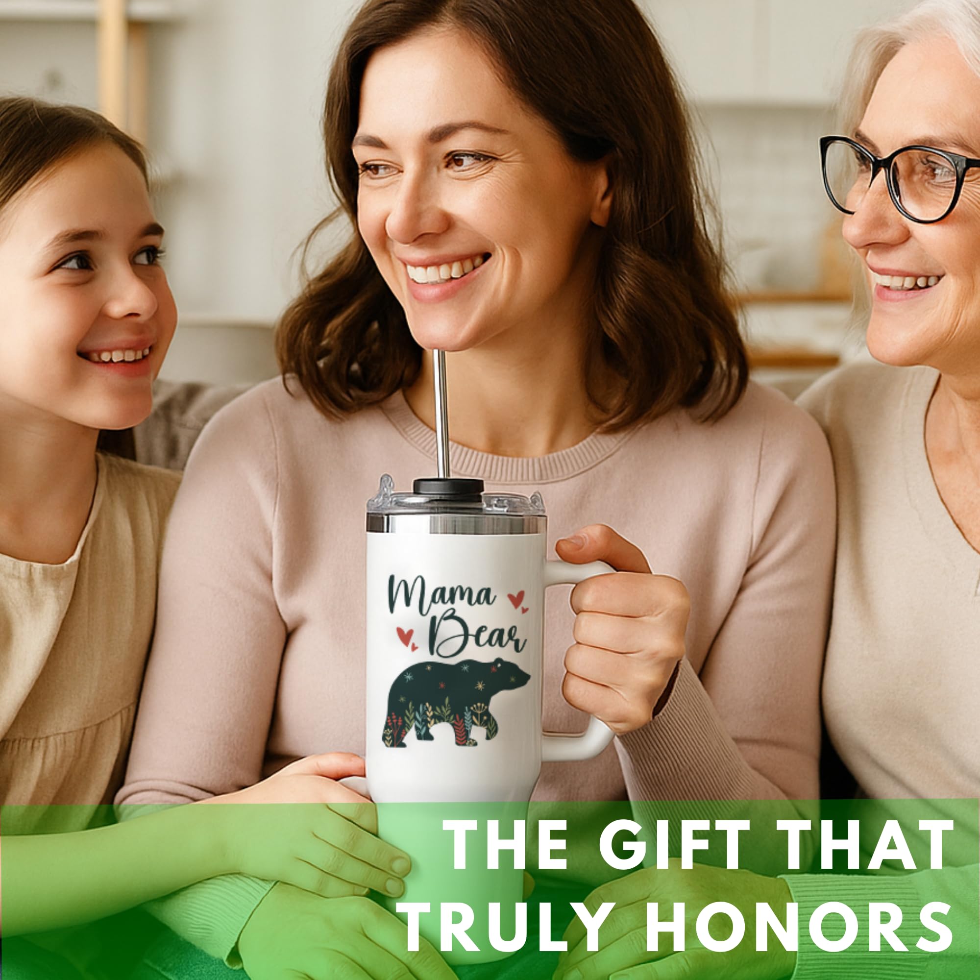 Vivulla68 Mama Bear Tumbler with lid and straw for mess-free sipping.