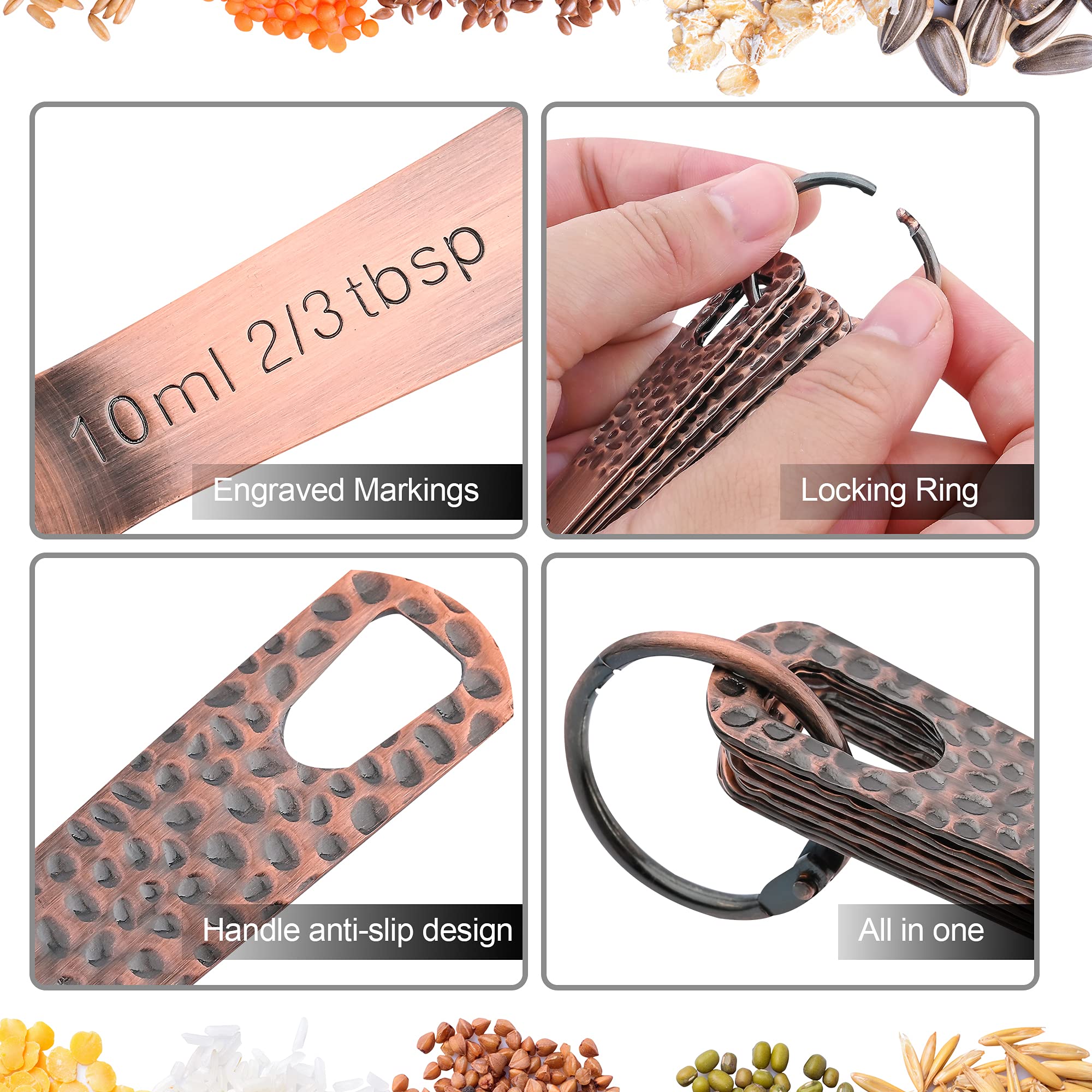Viwehots copper measuring spoons lock with rings to stay paired.